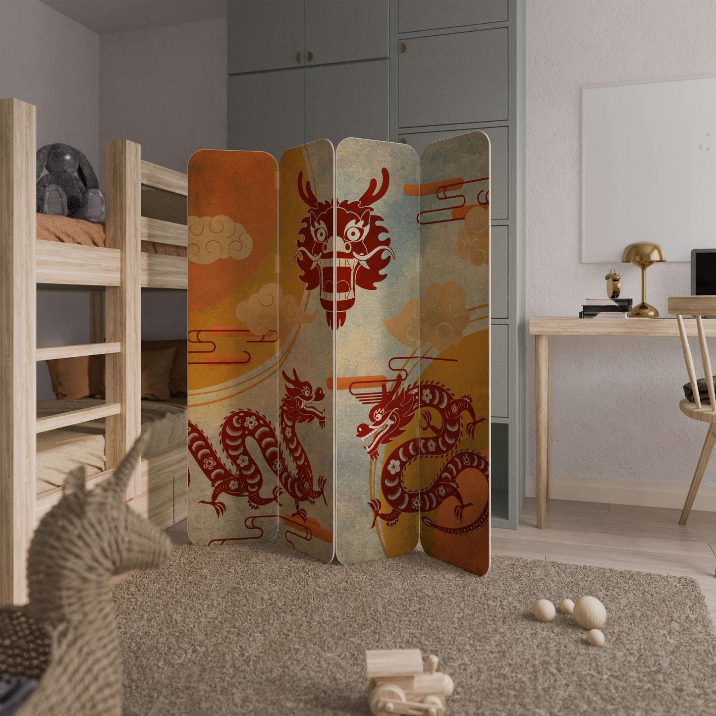 MYSTICAL DRAGON 4-Panel Plywood Room Divider