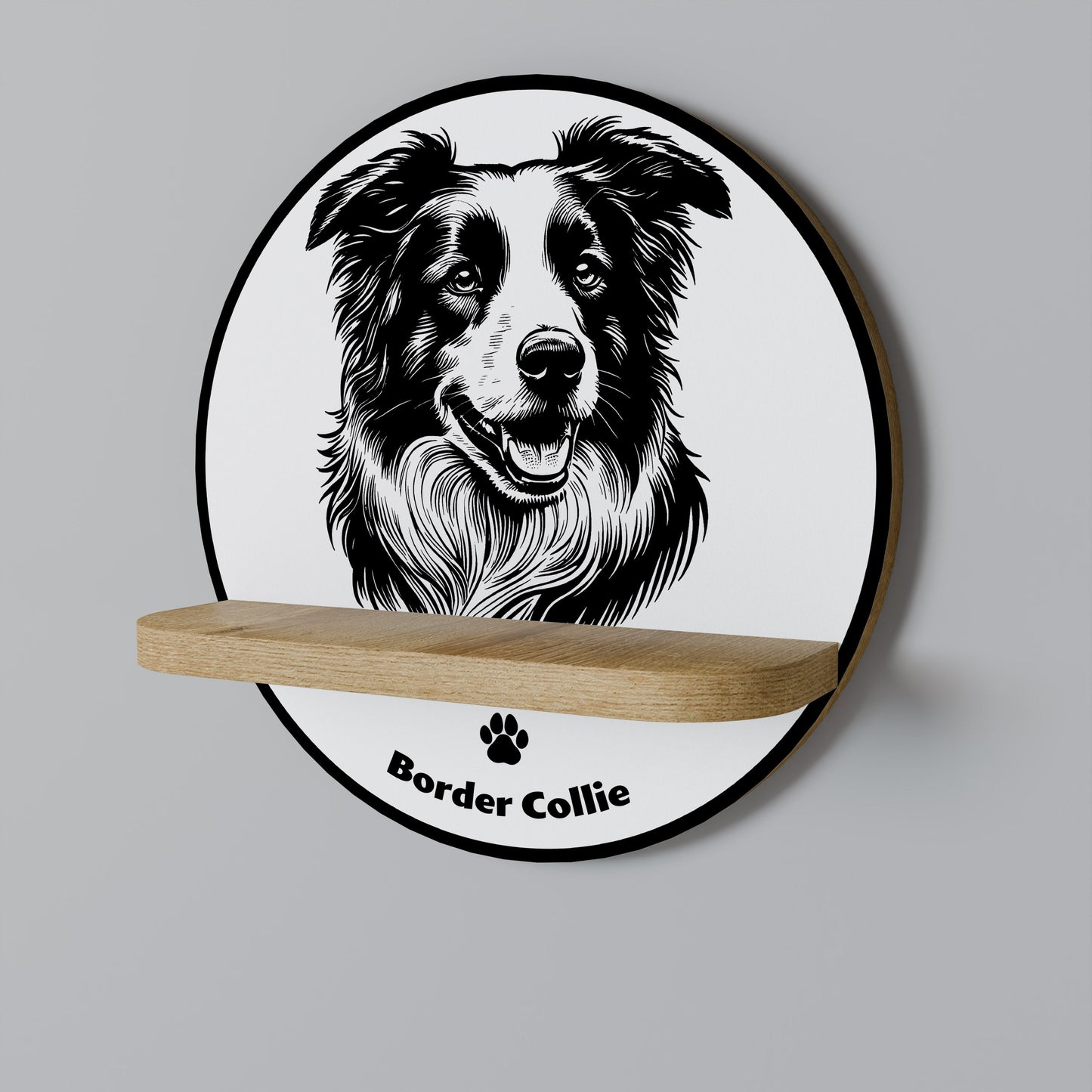 Étagère d'art ronde BORDER COLLIE en effet chêne