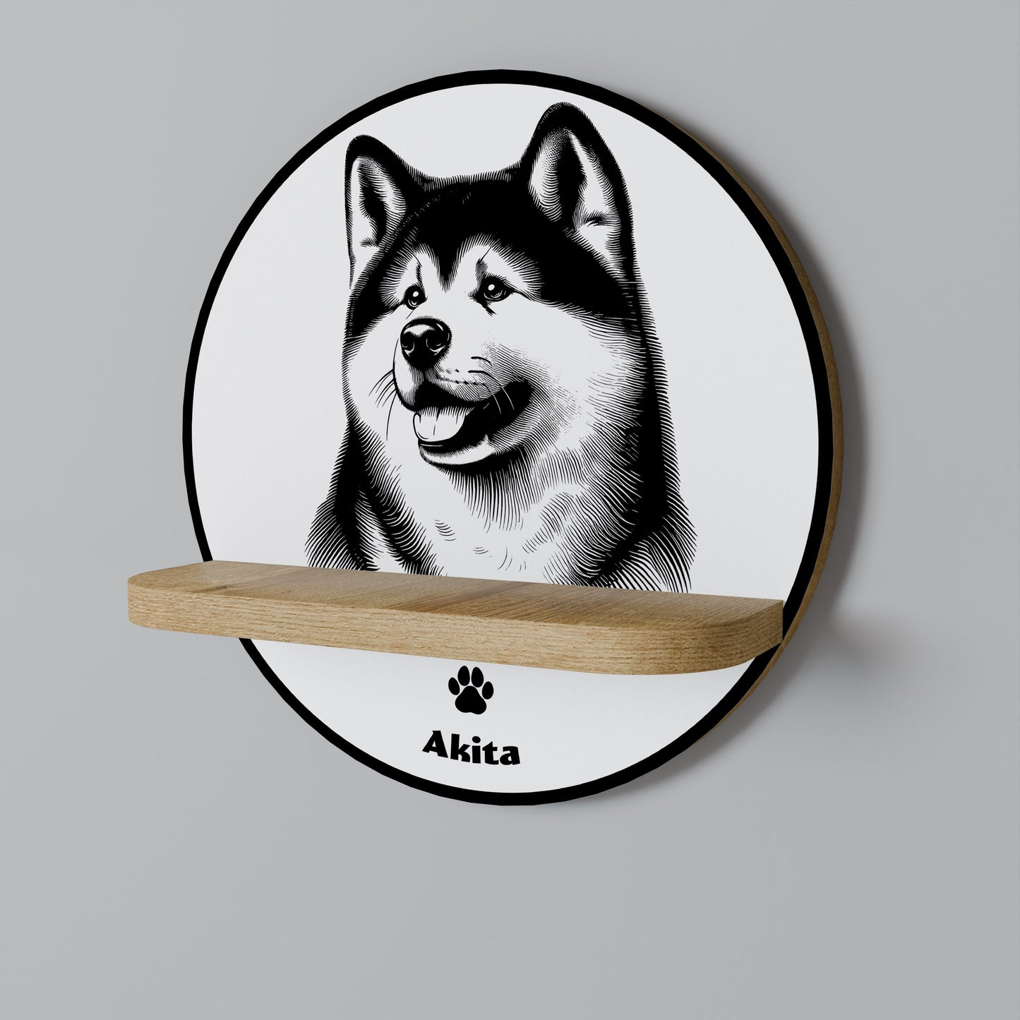 AKITA DOG Round Art Shelf In Oak Effect