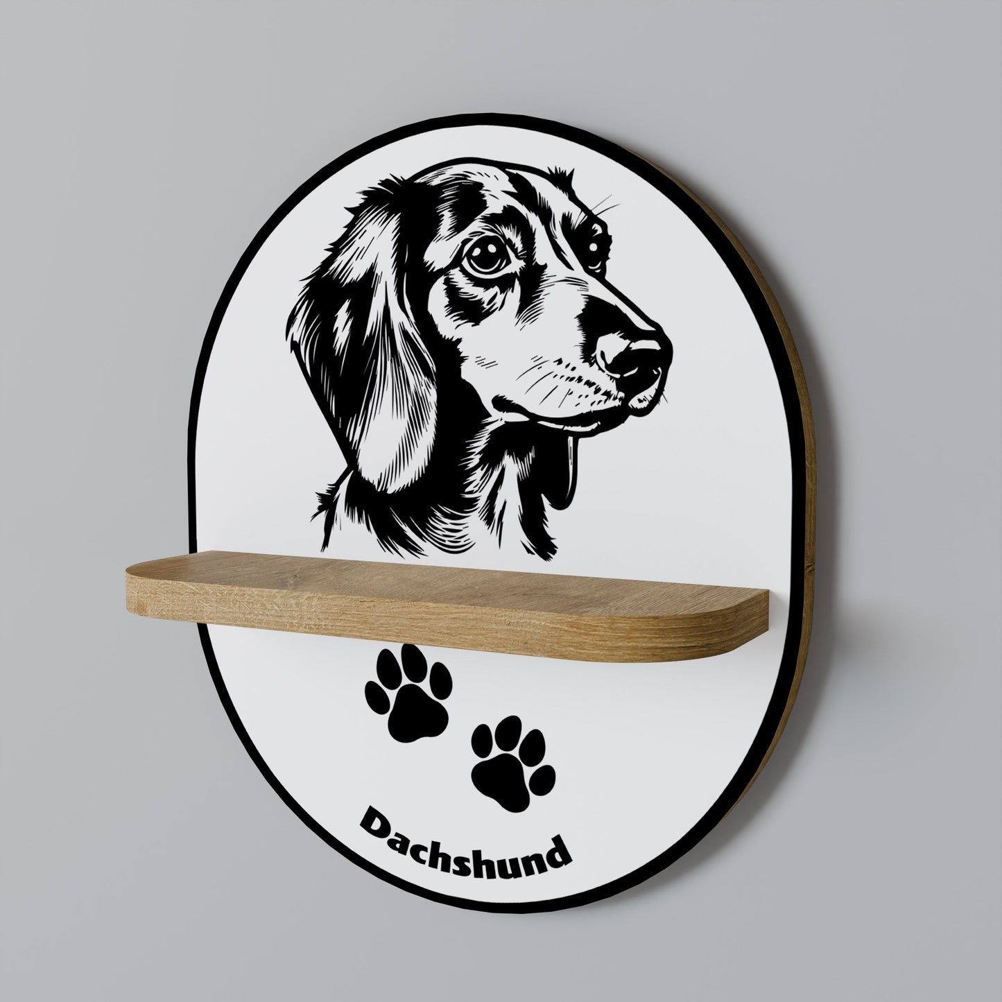 DACHSHUND DOG Oval Art Shelf In Oak Effect