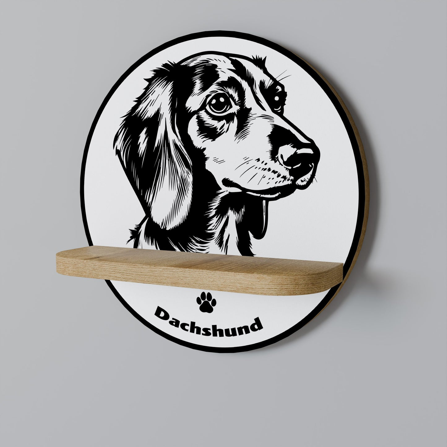 DACHSHUND DOG Round Art Shelf In Oak Effect