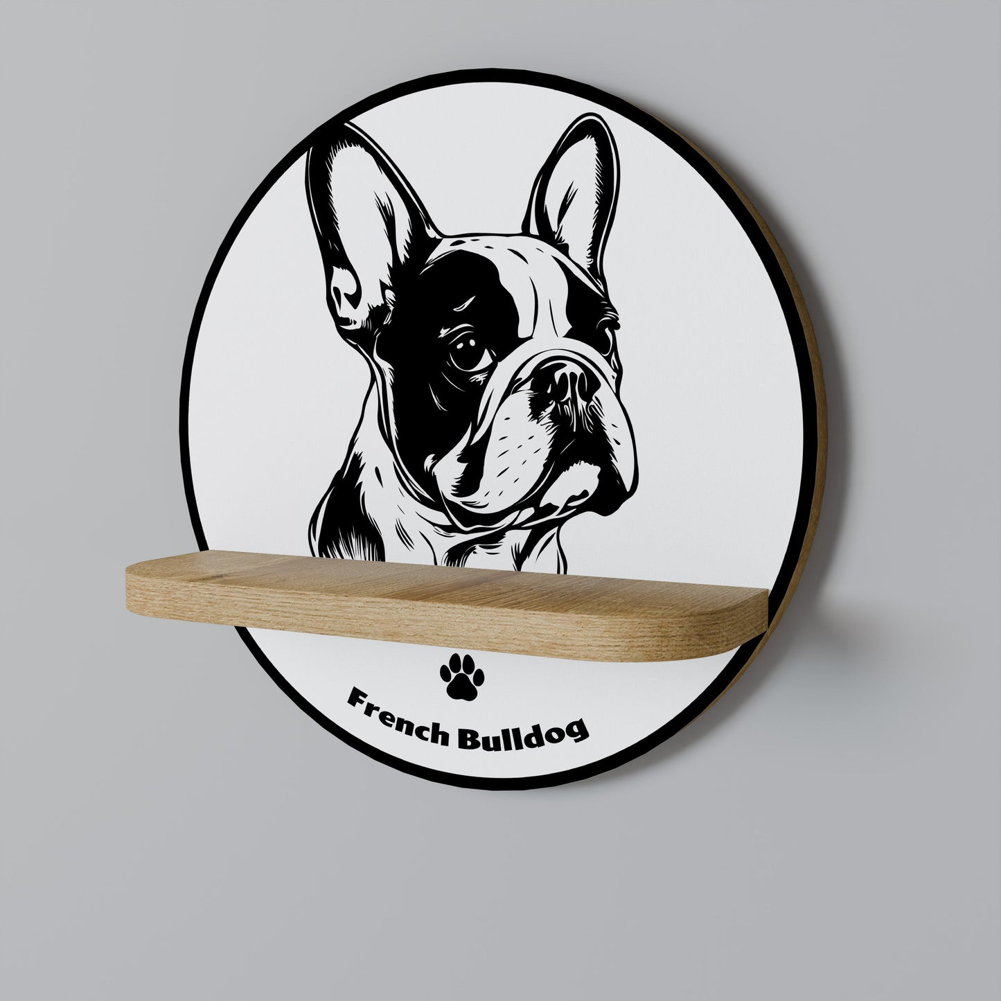 FRENCH BULLDOG Round Art Shelf In Oak Effect