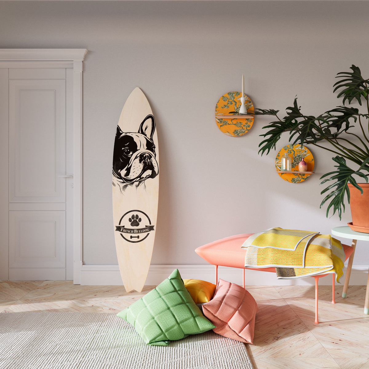 FRENCH BULLDOG Dekorativní panel ve tvaru surfu