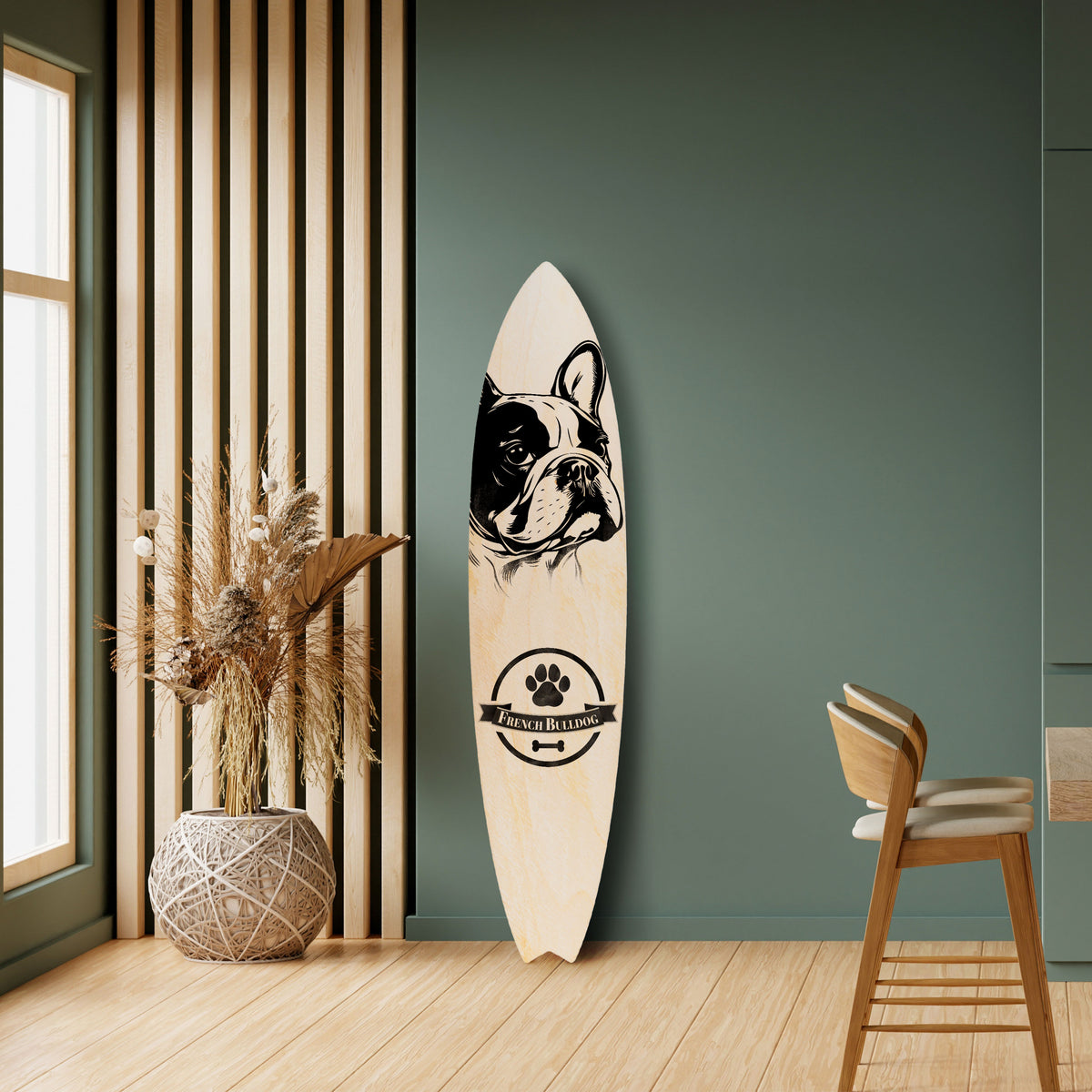 FRENCH BULLDOG Dekorativní panel ve tvaru surfu