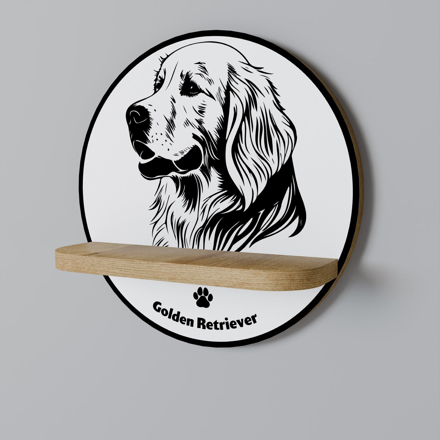 GOLDEN RETRIEVER Round Art Shelf In Oak Effect