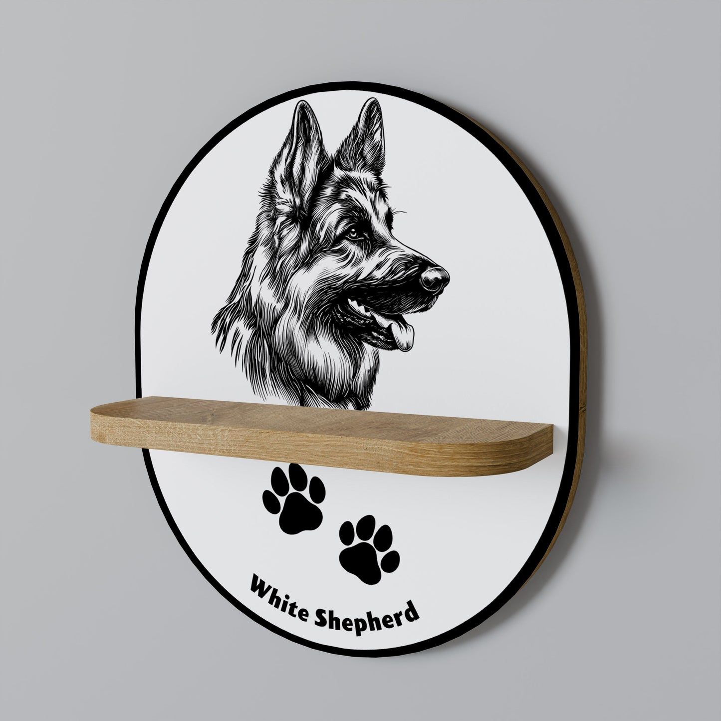 WHITE SHEPHERD DOG Oval Art Shelf In Oak Effect