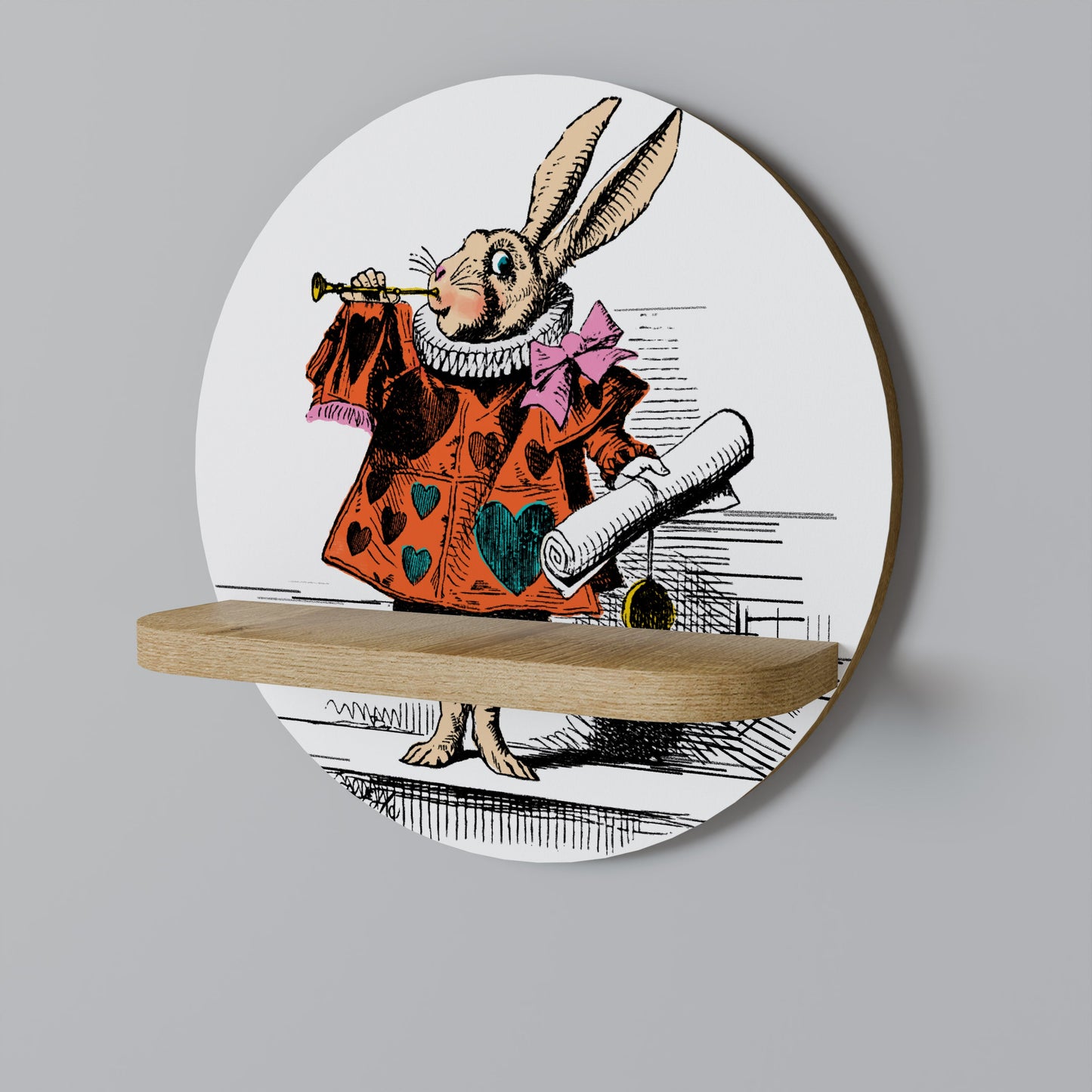 COLORFUL WHITE RABBIT Round Art Shelf In Oak Effect