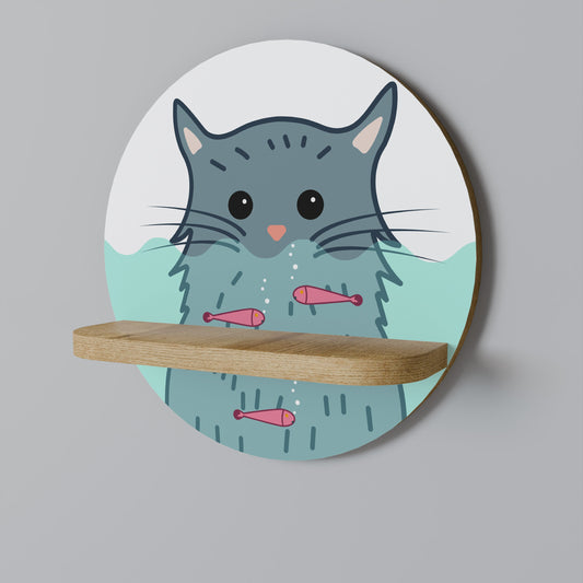 CAT SPLASH Round Art Shelf In Oak Effect